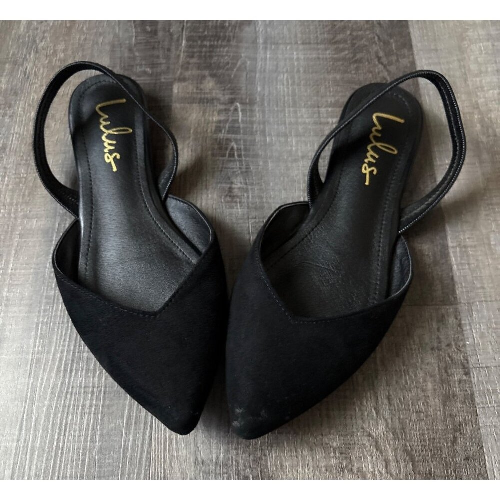 Lulus Black Suede Pointed Toe Slingback Flats Womens Shoes Vegan Suede Flat Sole - Picture 2 of 10